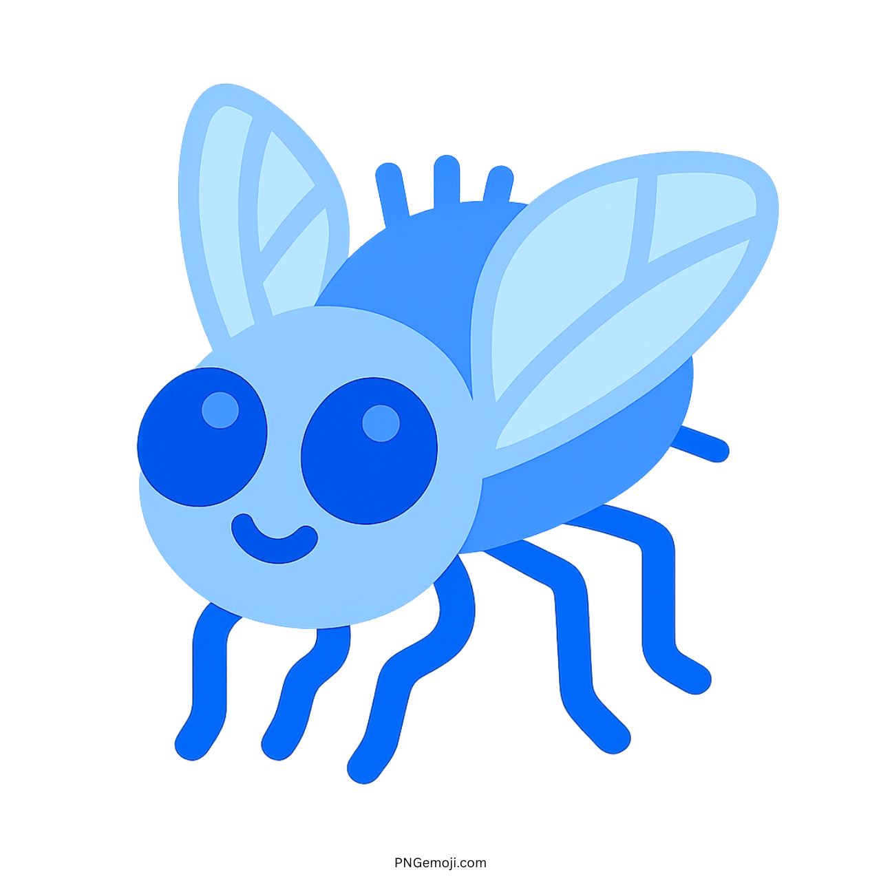 Cute blue fly emoji with big eyes and transparent background in 3D cartoon style PNG