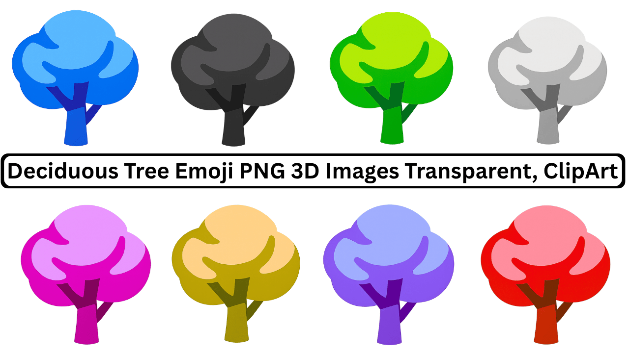 Collection of 3D deciduous tree emoji in various colors, PNG images with transparent background