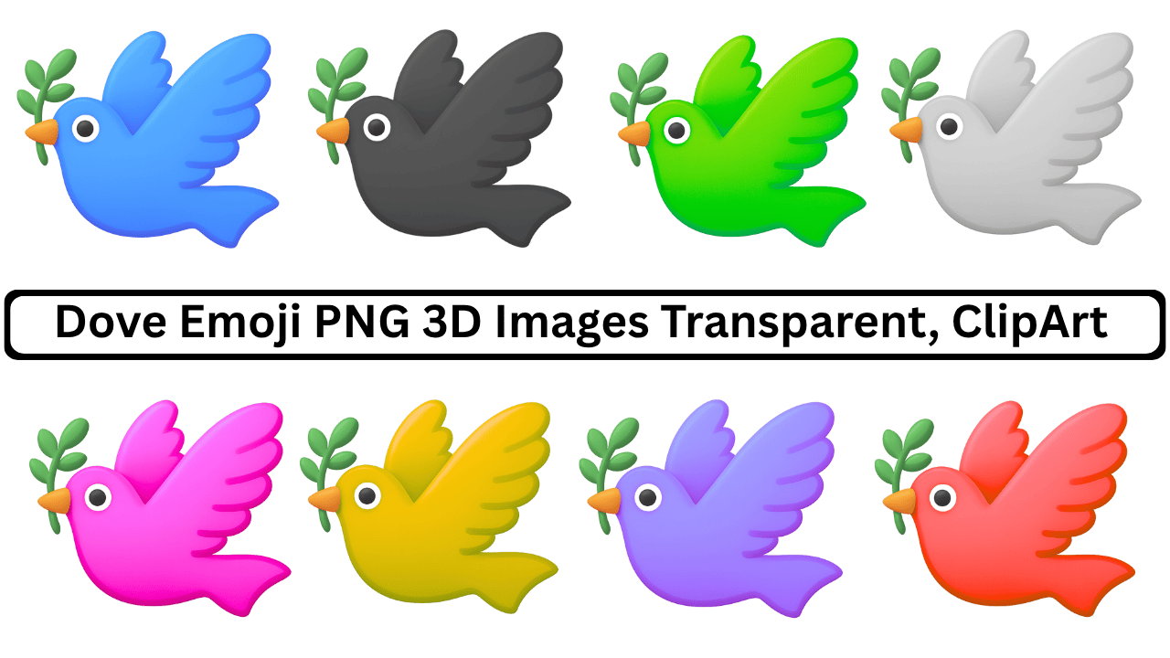 Various colorful dove emoji PNG images with olive branches in transparent background.