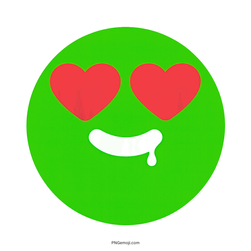 Green emoji with heart-shaped eyes and drooling expression, symbolizing intense attraction or admiration.