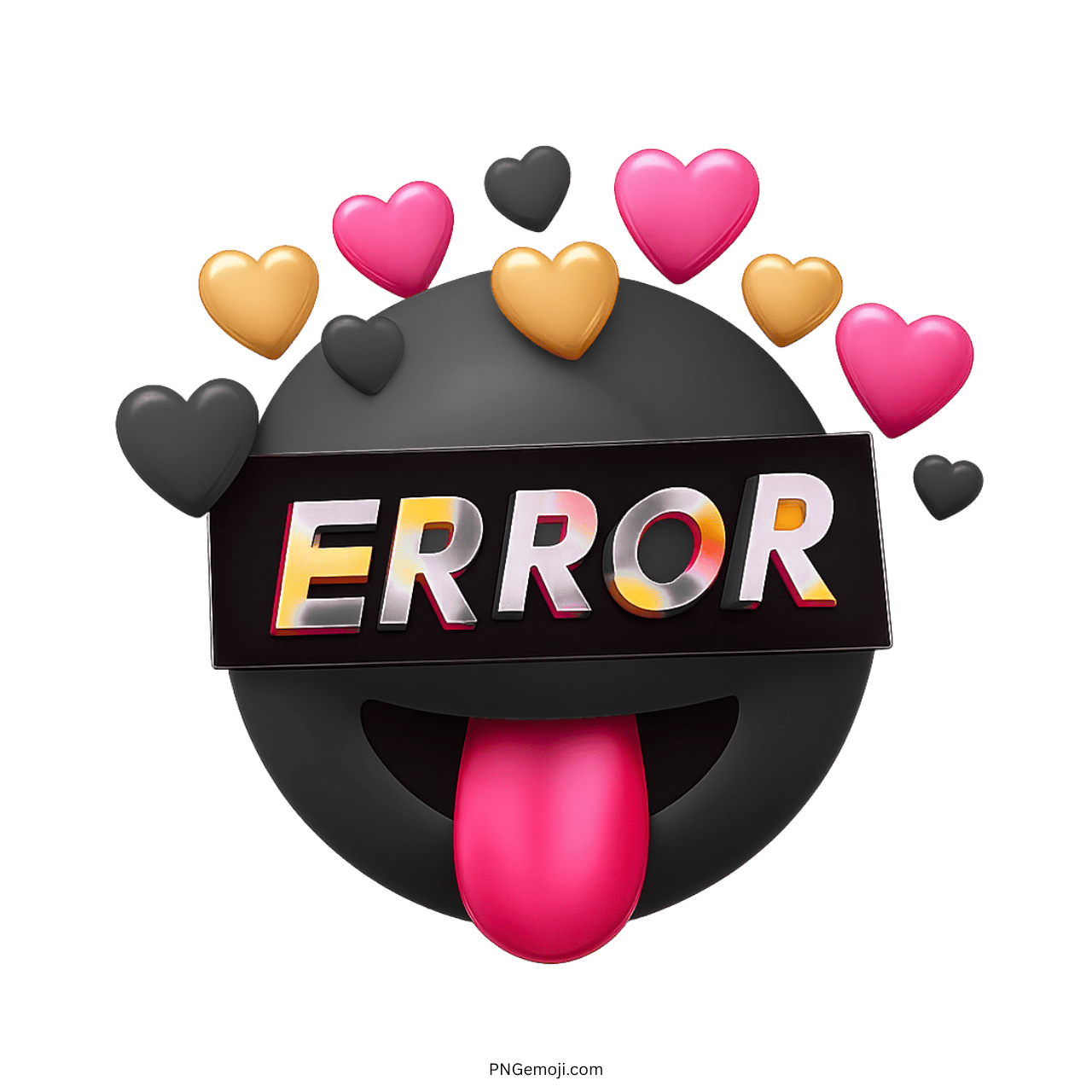 3D black error emoji with hearts and tongue sticking out.