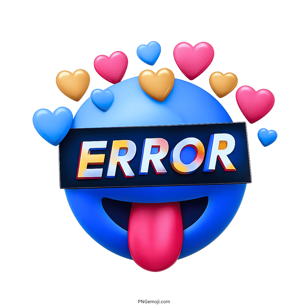 3D blue error emoji with hearts and tongue sticking out.