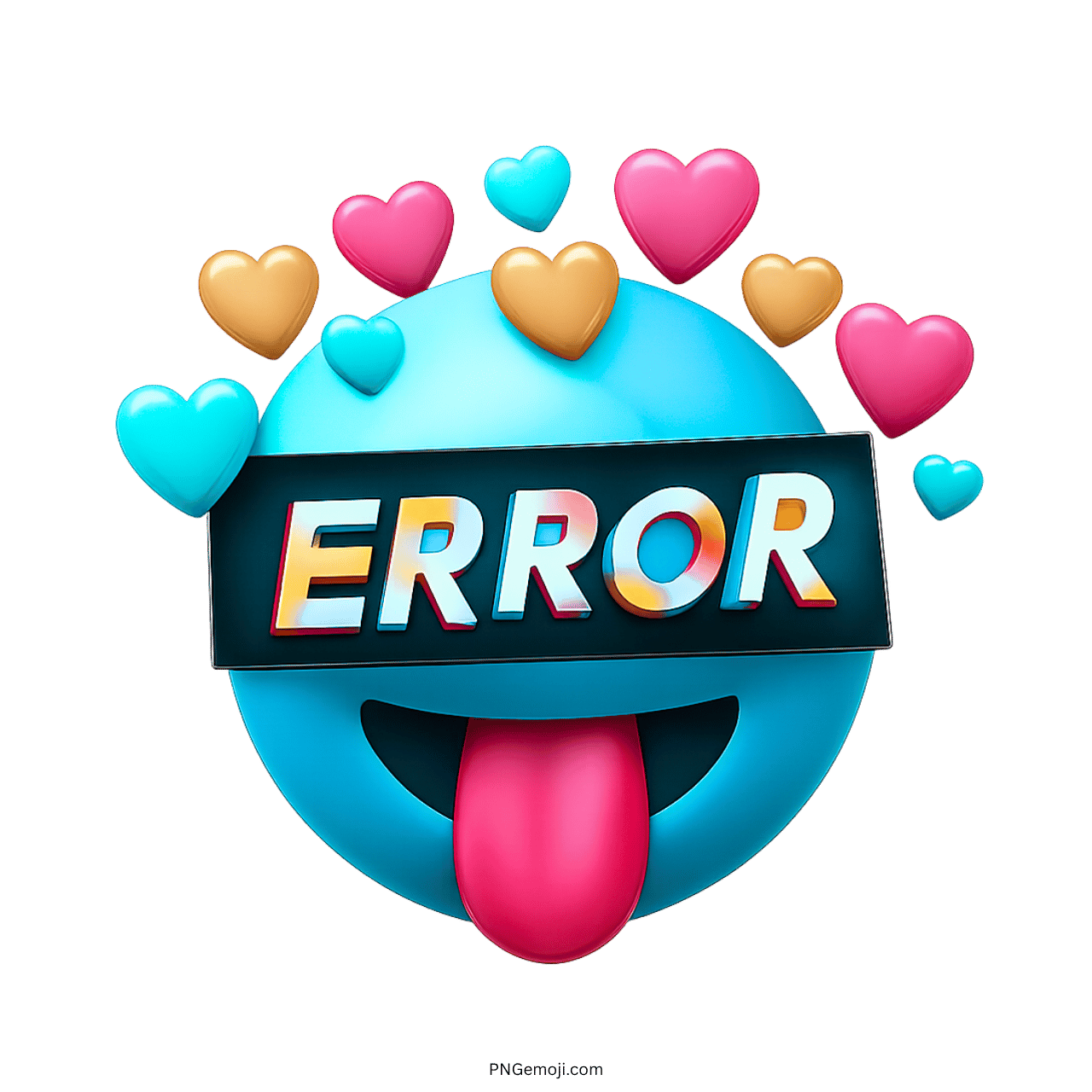 3D blue error emoji with colorful hearts and tongue sticking out.