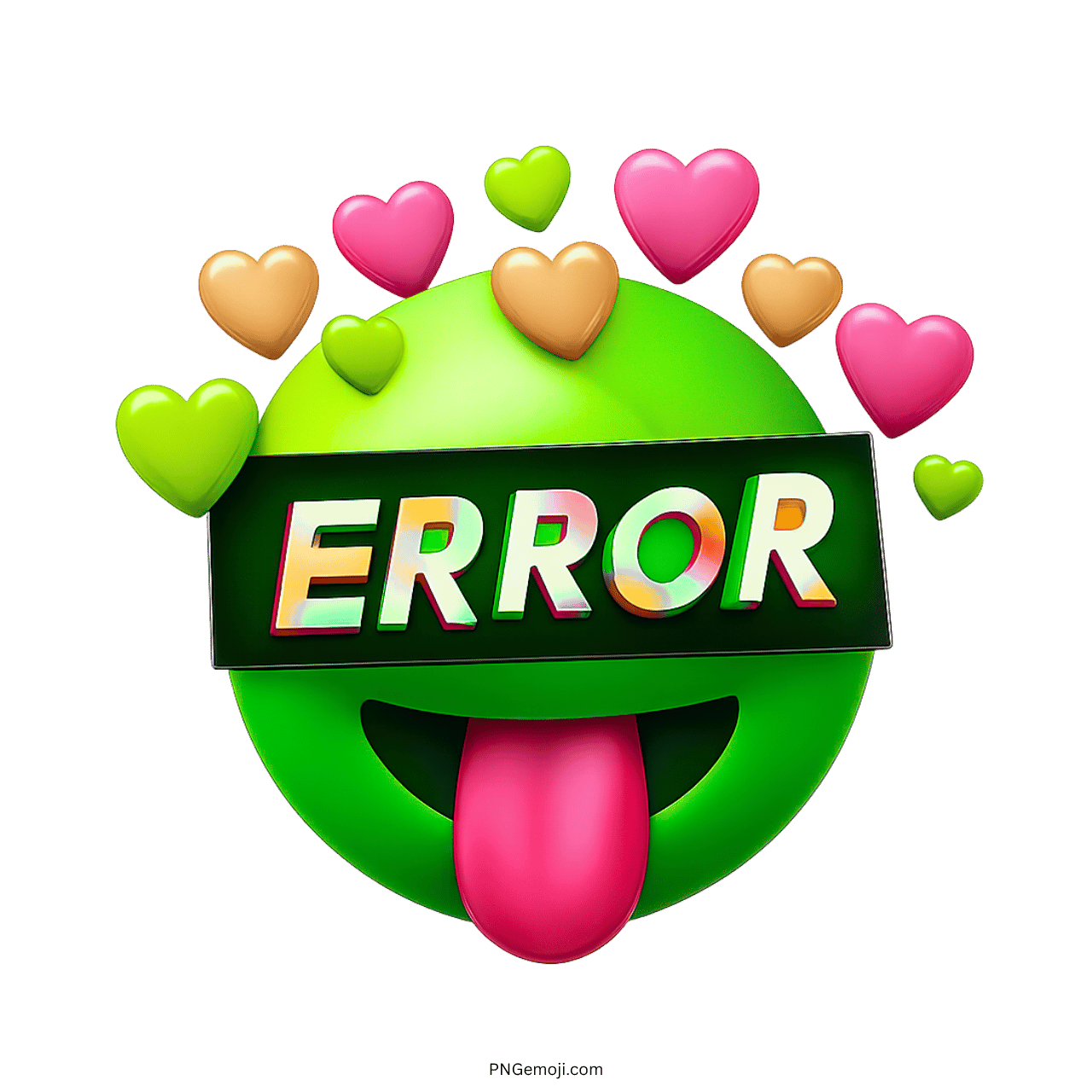 3D green error emoji with hearts and tongue sticking out.