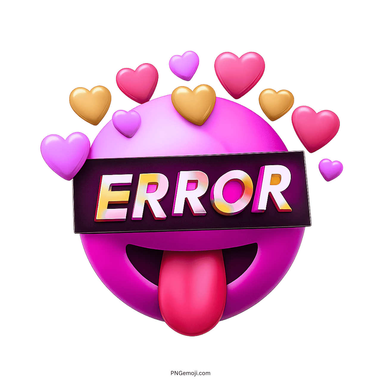 3D pink error emoji with colorful hearts and tongue sticking out.