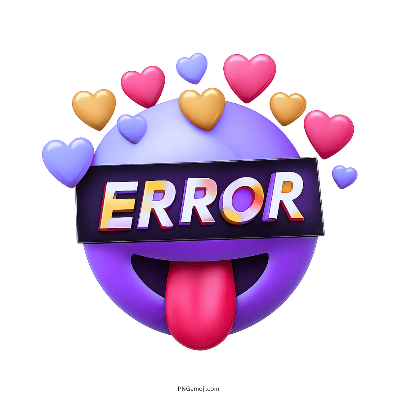 3D purple error emoji with colorful hearts and tongue sticking out.