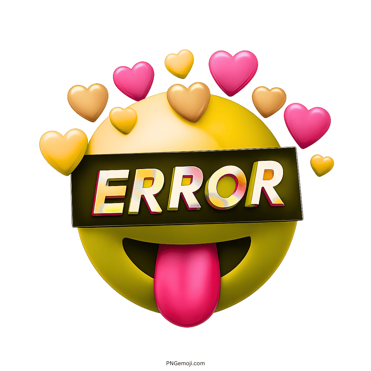 3D yellow error emoji with hearts and tongue sticking out.