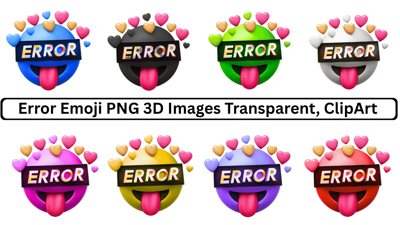 Collection of colorful 3D error emojis with hearts and tongues sticking out on a transparent background.