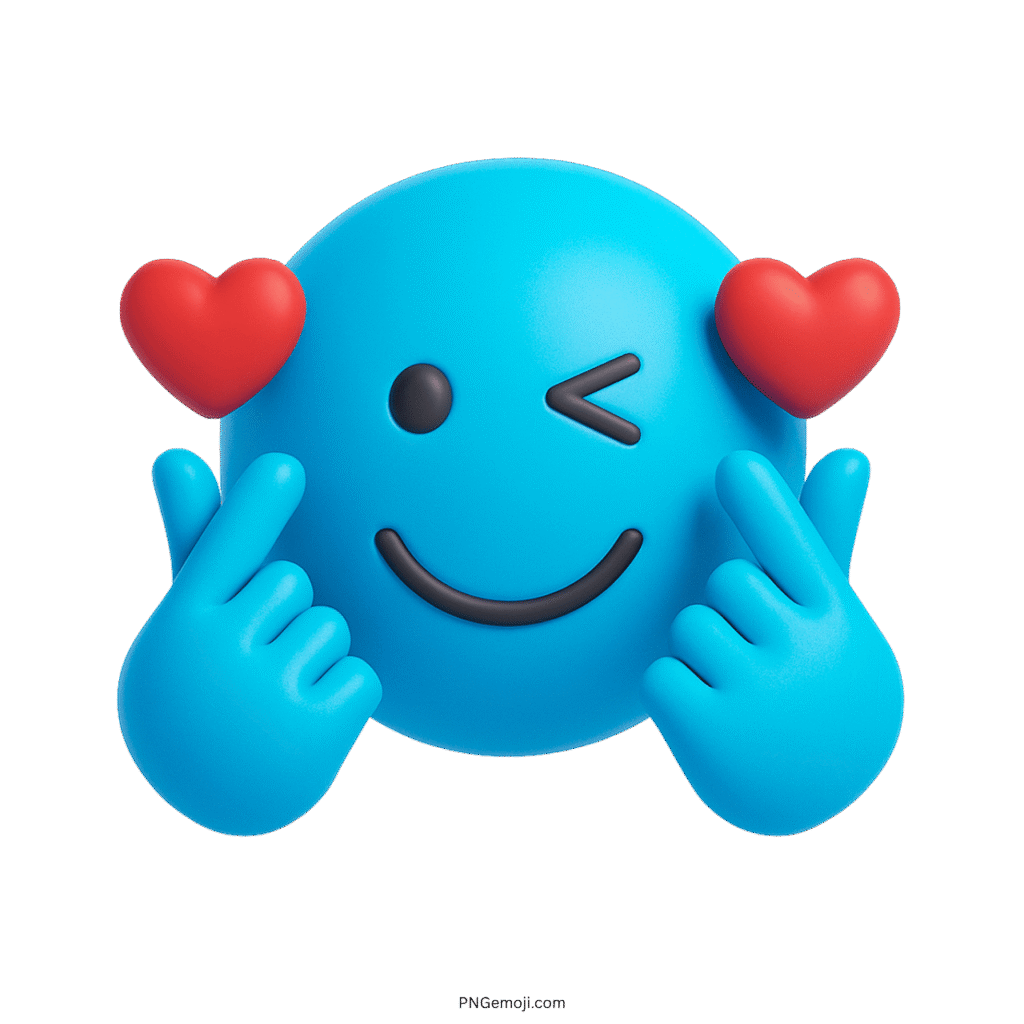 Blue Finger Heart Emoji with Wink and Red Hearts