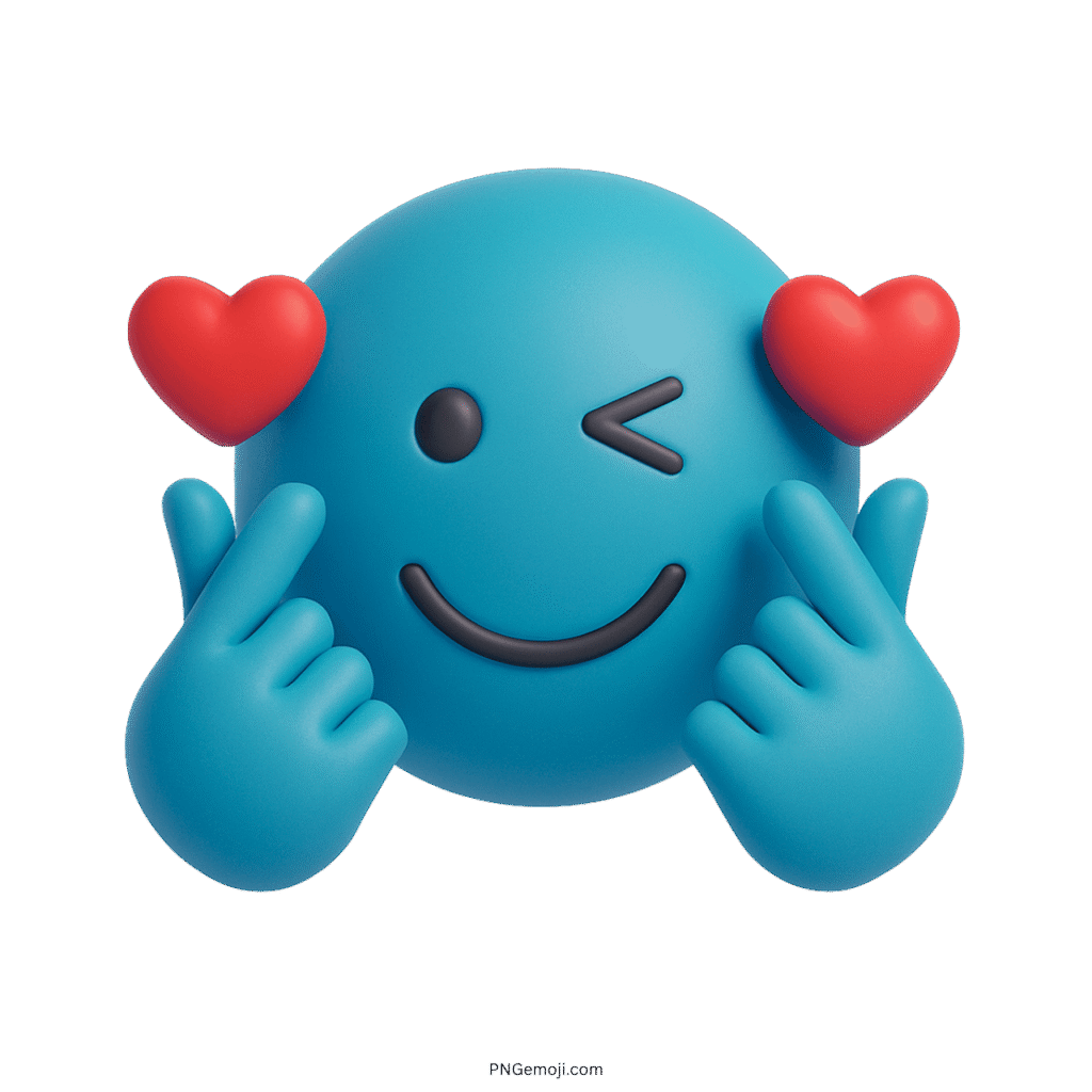  Blue emoji with wink and finger heart gesture, holding red heart icons.