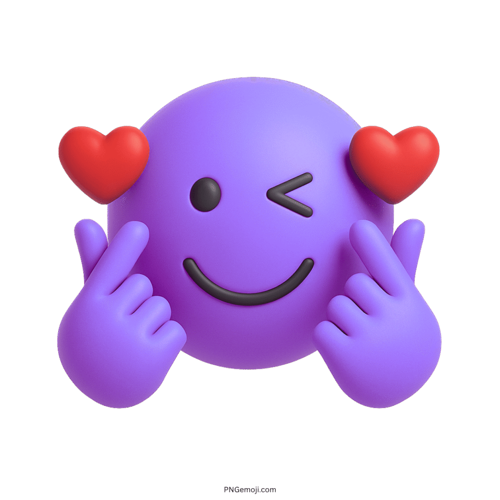Purple emoji with wink and finger heart gesture, holding red heart icons.