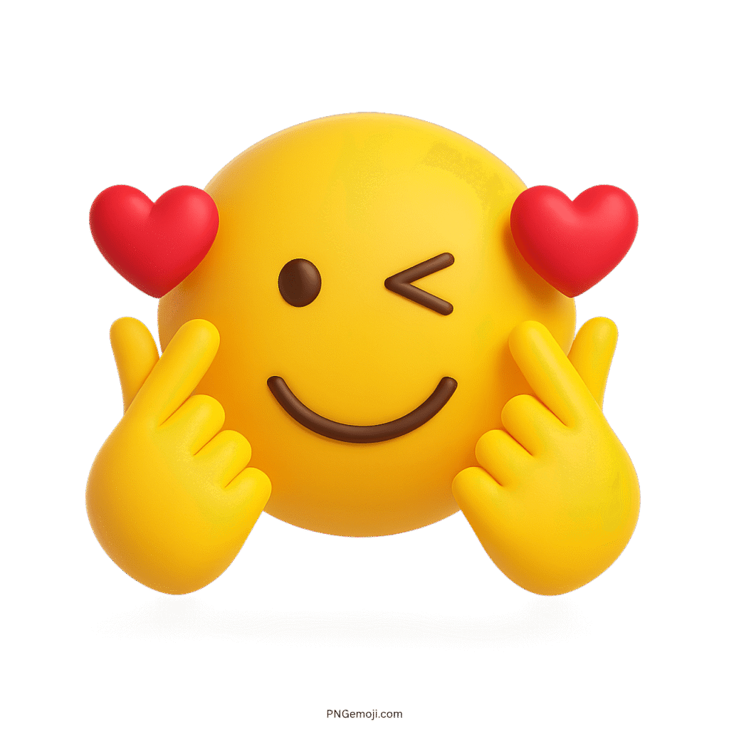 Yellow Finger Heart Emoji with Wink and Red Hearts