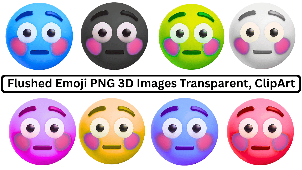Collection of 3D flushed emojis in multiple colors including blue, green, black, pink, and more, with transparent background