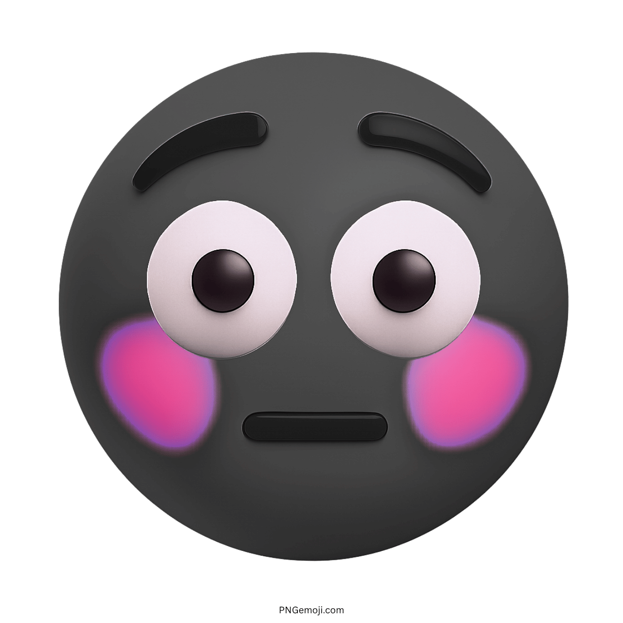 Flushed emoji with black color, wide eyes, and pink cheeks showing a surprised expression