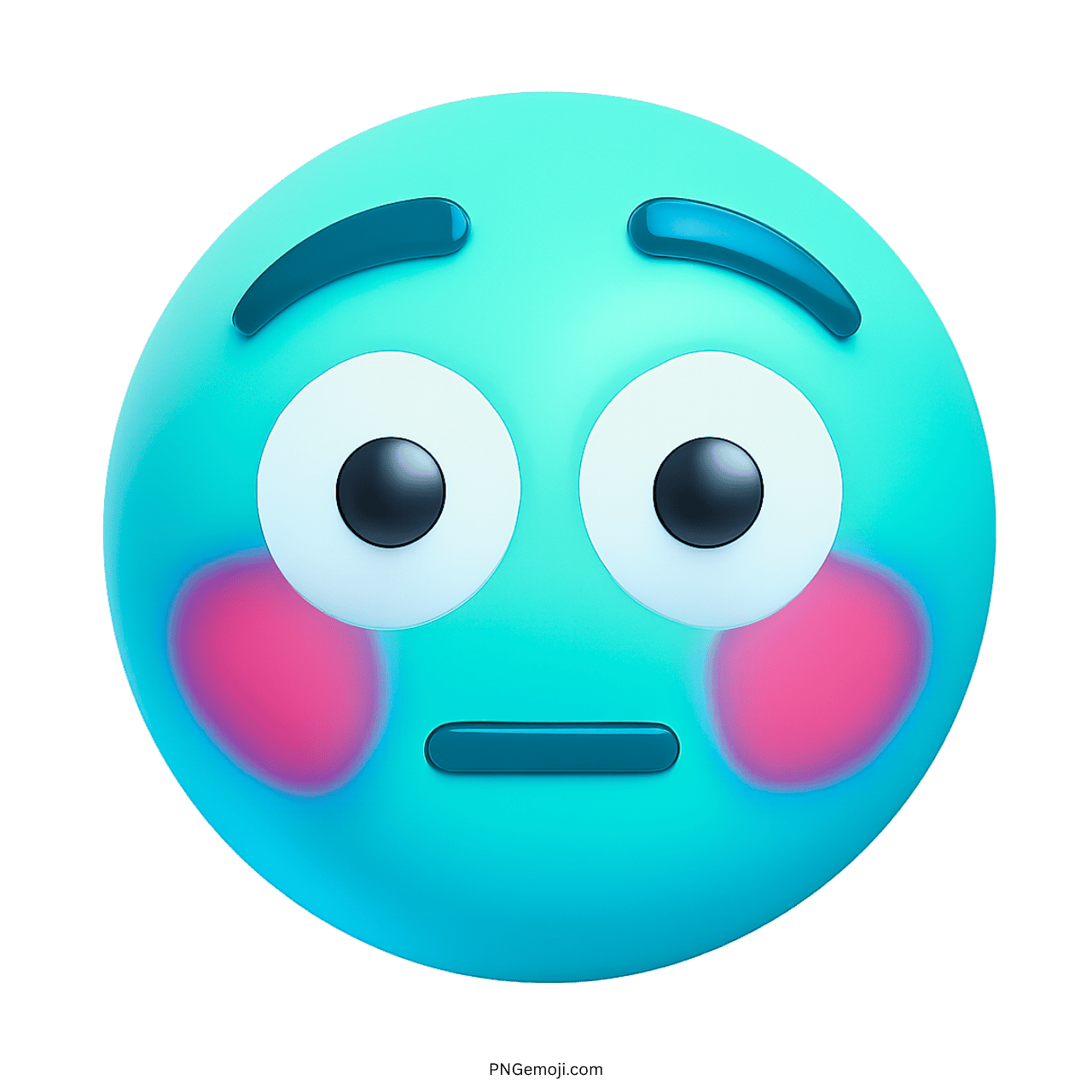 Flushed emoji with blue-green color, wide eyes, and pink cheeks showing a surprised expression.