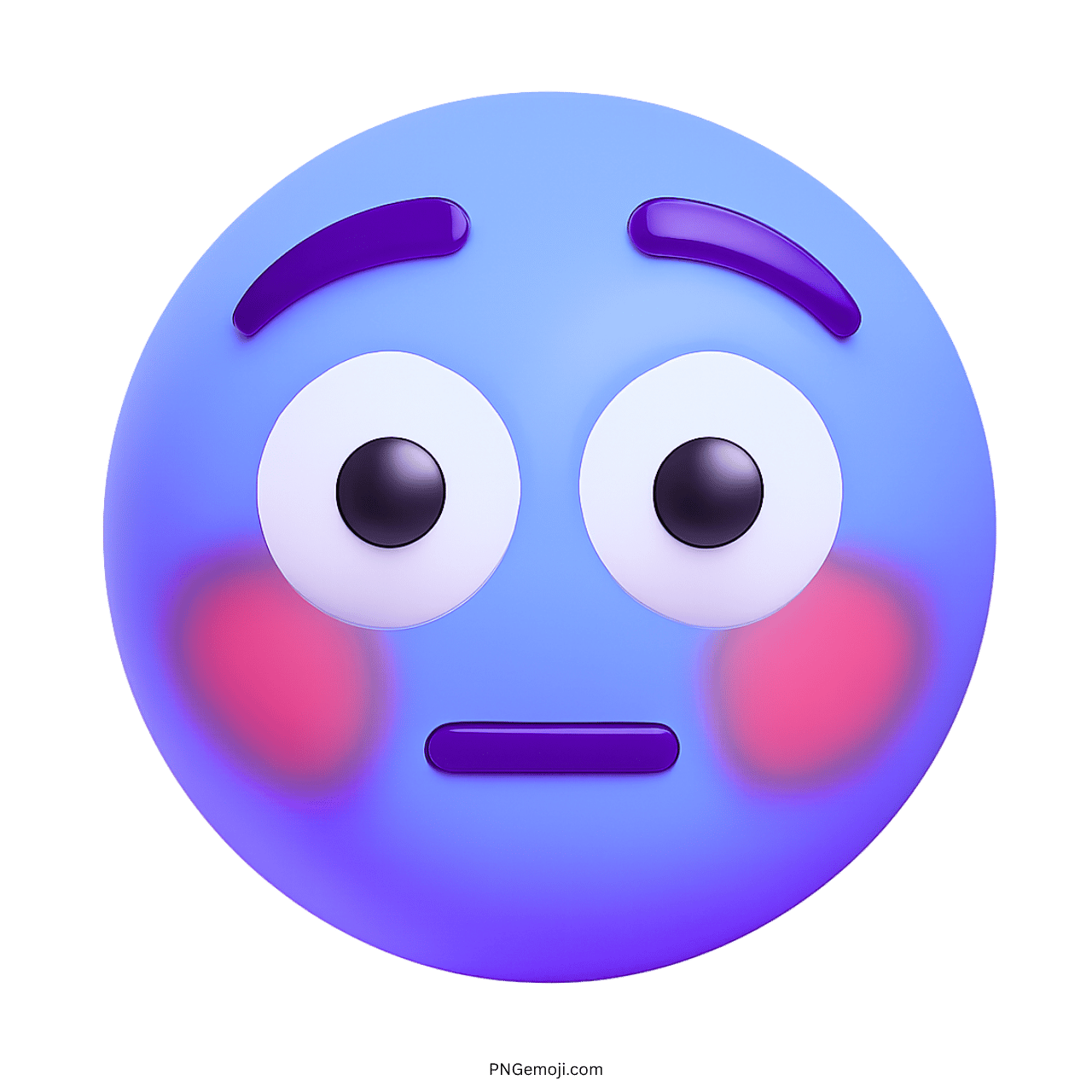 3D blue flushed emoji with blush marks, big eyes, and purple eyebrows, transparent background
