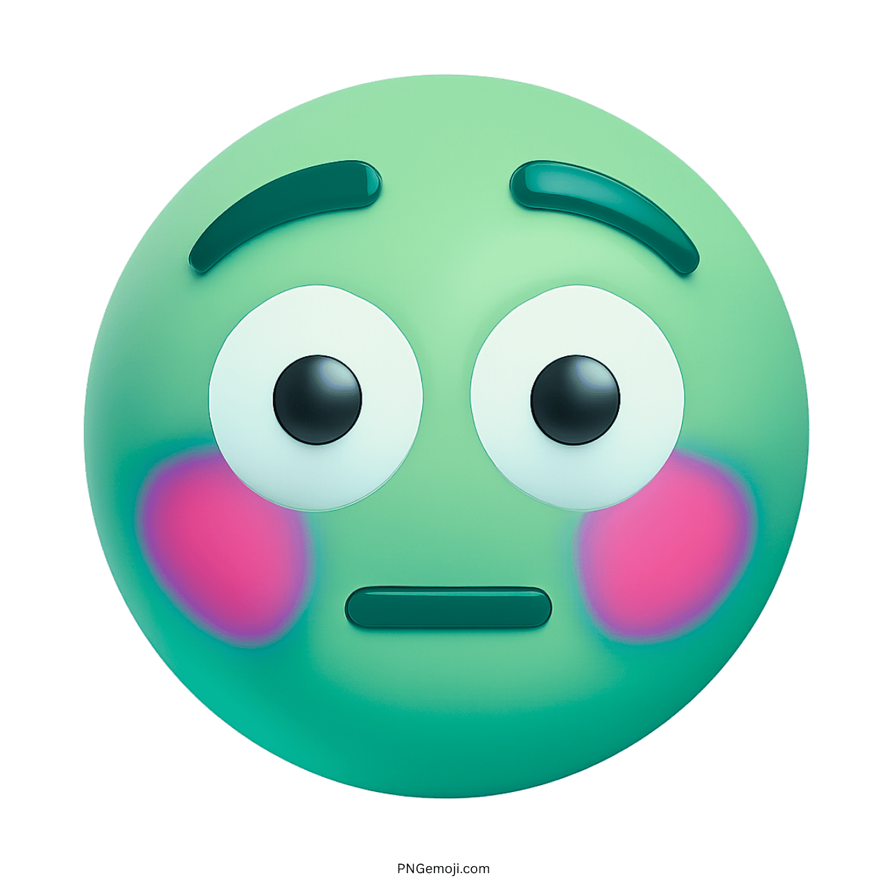 3D green flushed emoji with pink blush marks, large eyes, and green eyebrows, transparent background