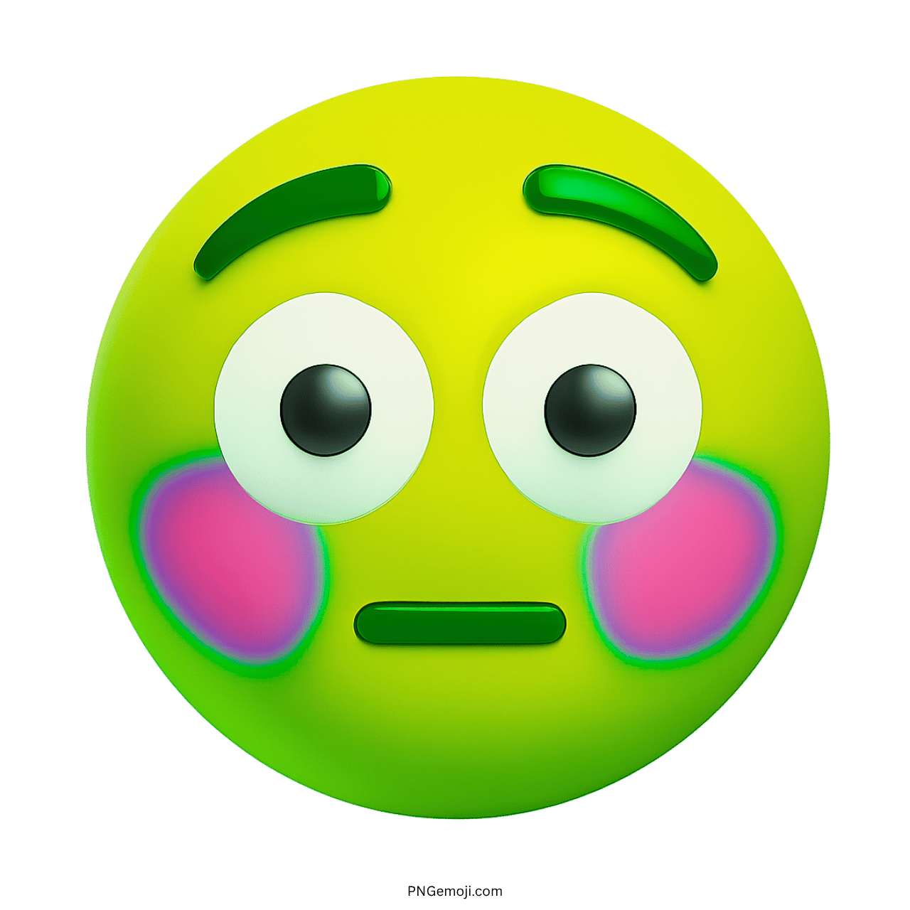 Flushed emoji with green color, wide eyes, and pink cheeks showing a surprised expression.