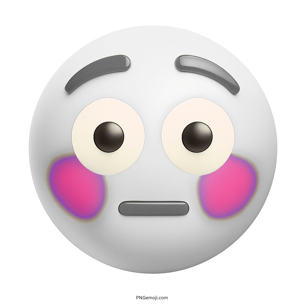 3D white flushed emoji with pink blush marks, big eyes, and gray eyebrows, transparent background