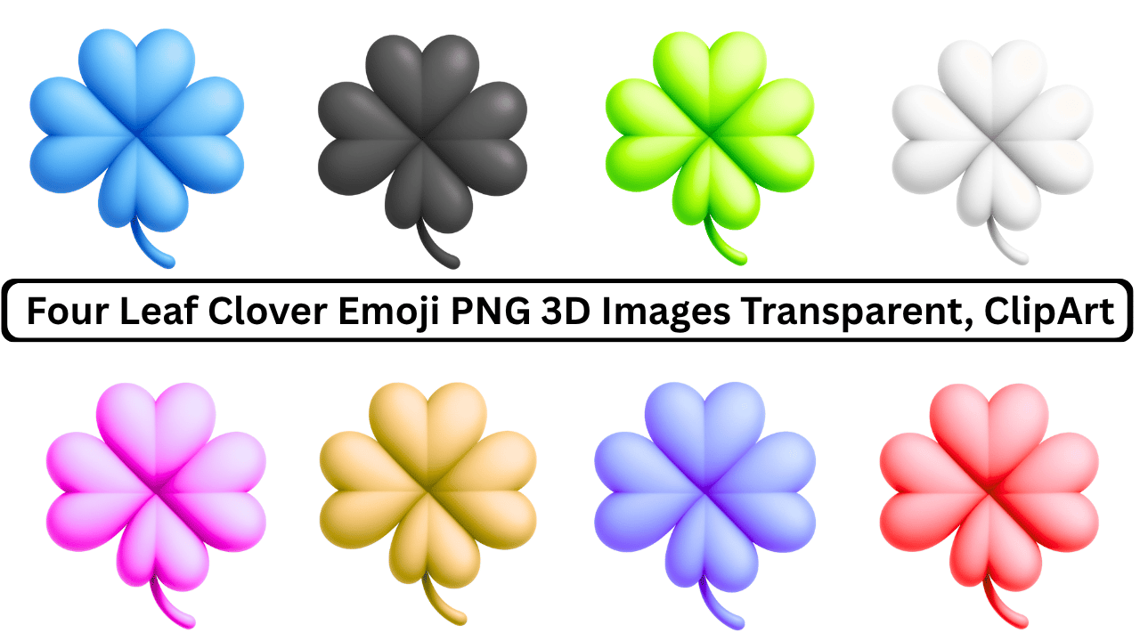 Colorful four-leaf clover emoji PNG set with 3D transparent clipart design