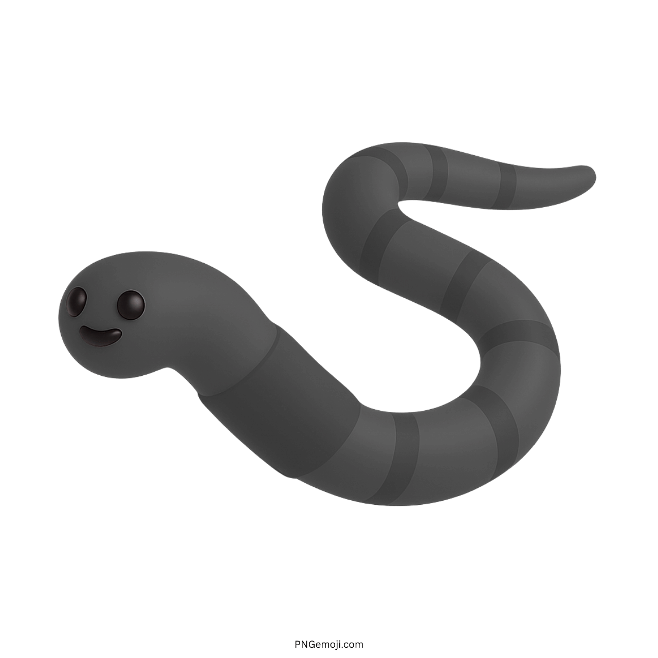 Gray smiling worm emoji with dark stripes on green background, cute 3D cartoon design