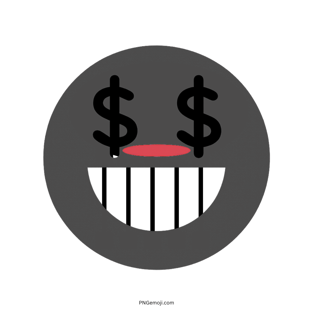 Black greedy TikTok emoji face with dollar sign eyes and wide toothy grin PNG