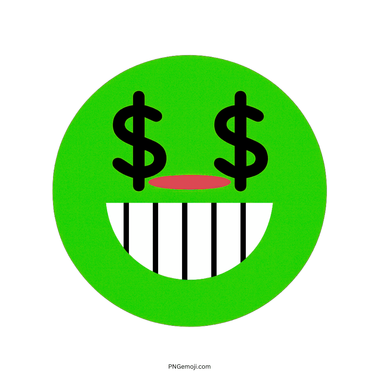 Green greedy TikTok emoji face with dollar sign eyes and wide striped-tooth grin PNG