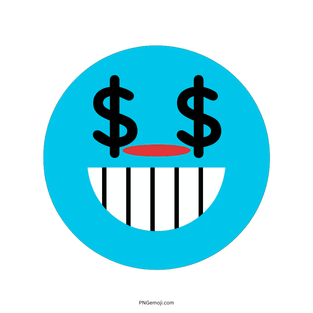 Light blue greedy TikTok emoji face with dollar sign eyes and striped-tooth grin PNG