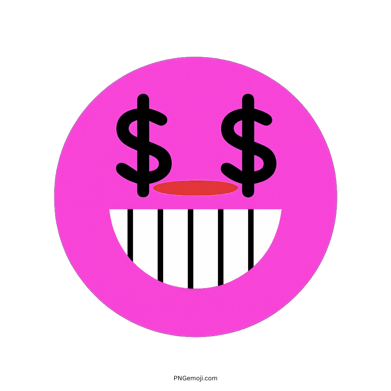 Pink greedy TikTok emoji face with dollar sign eyes and wide striped-tooth grin PNG