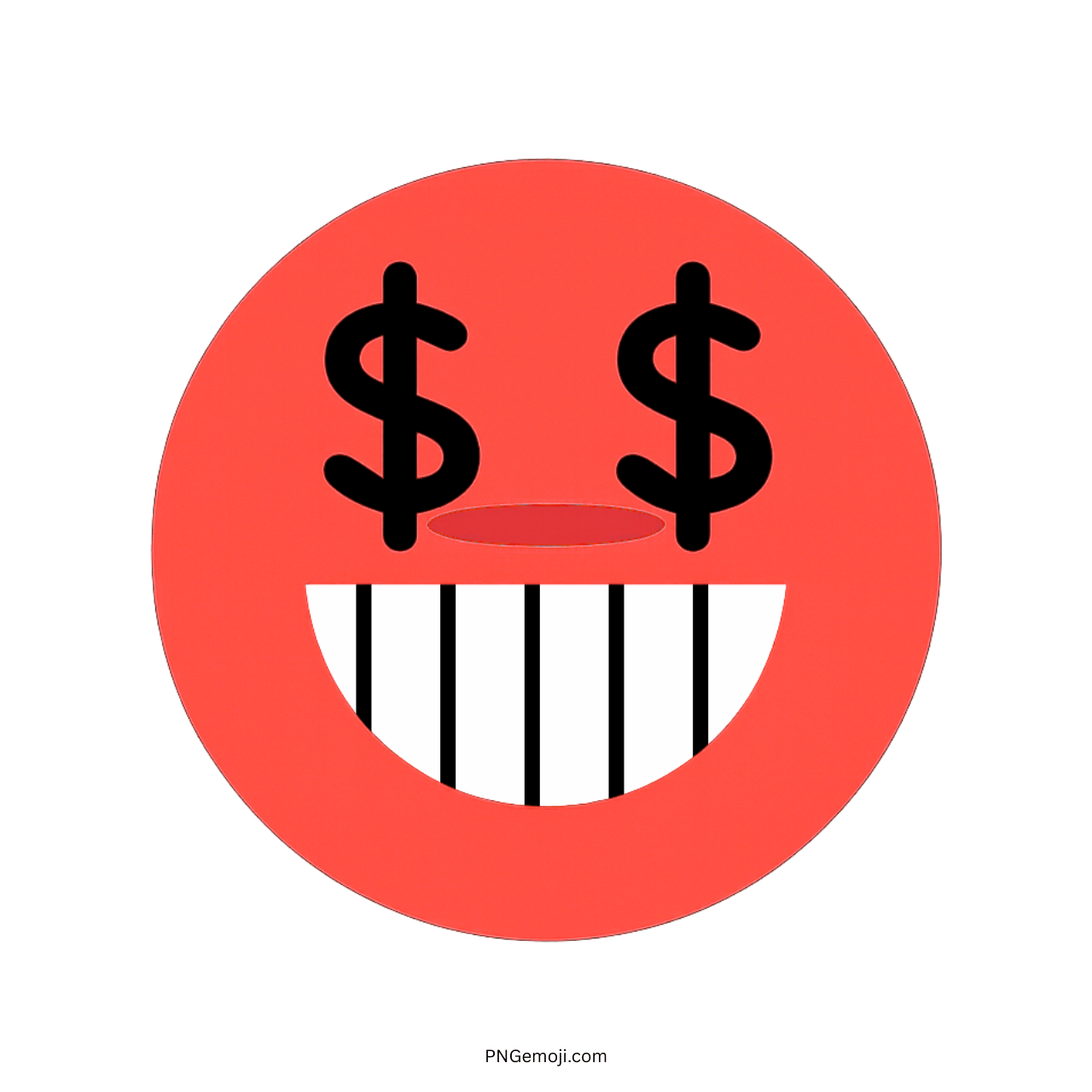 Red greedy TikTok emoji face with dollar sign eyes and wide striped-tooth grin PNG