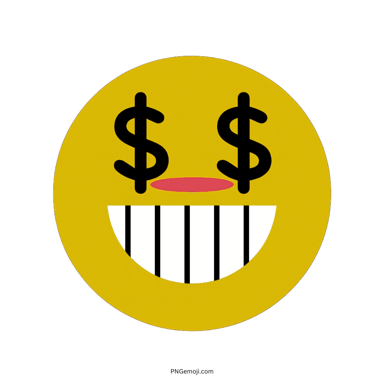 Yellow greedy TikTok emoji face with dollar sign eyes and big toothy grin PNG