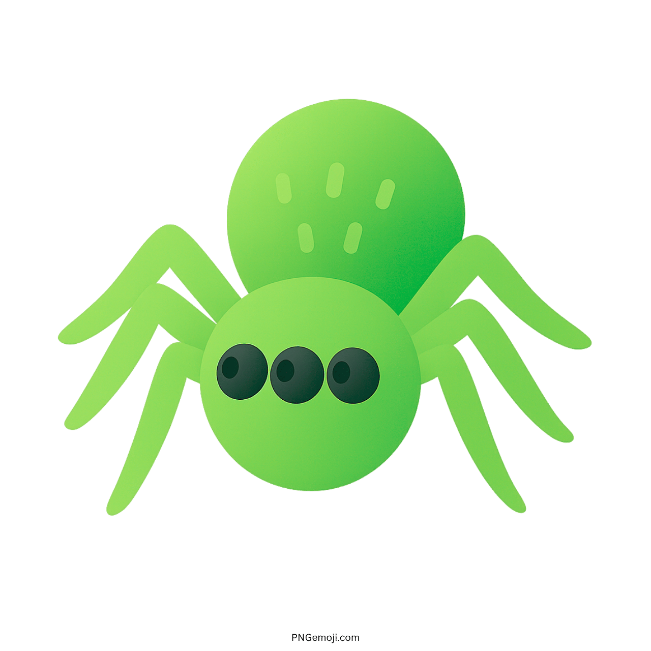 Green three-eyed spider emoji with curved legs on transparent background