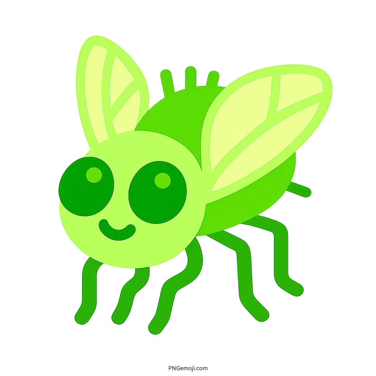 Bright green cartoon fly emoji with big eyes and transparent background