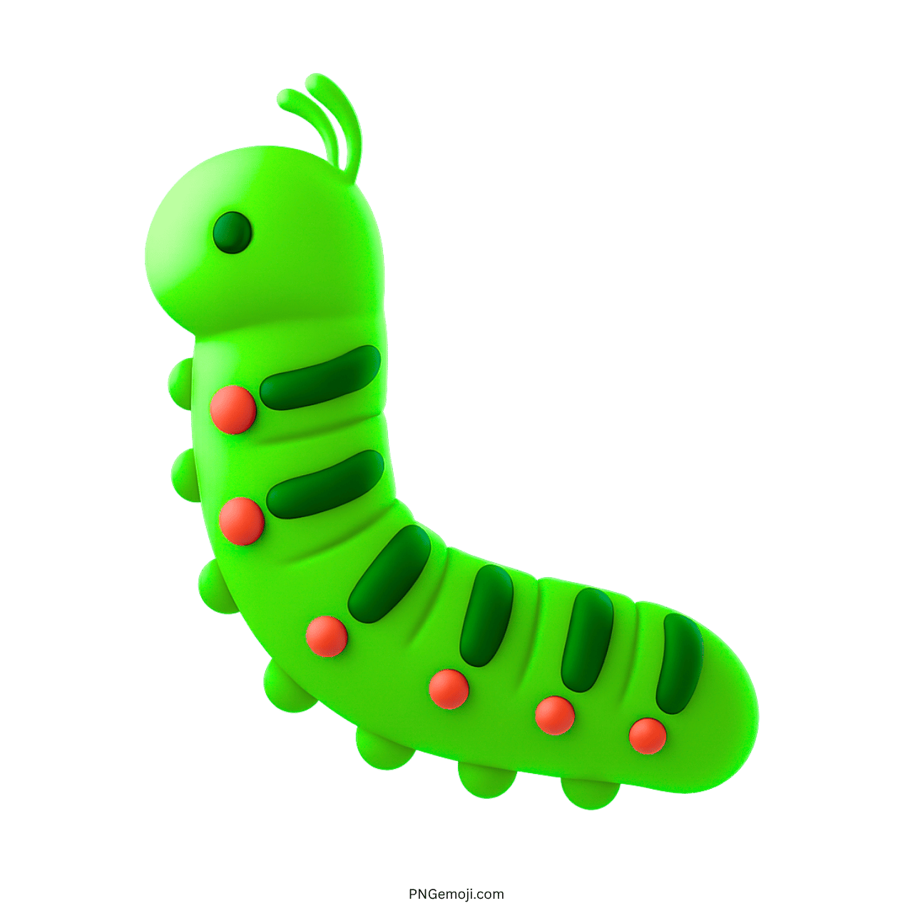 3D green caterpillar emoji with orange and green segments and transparent background