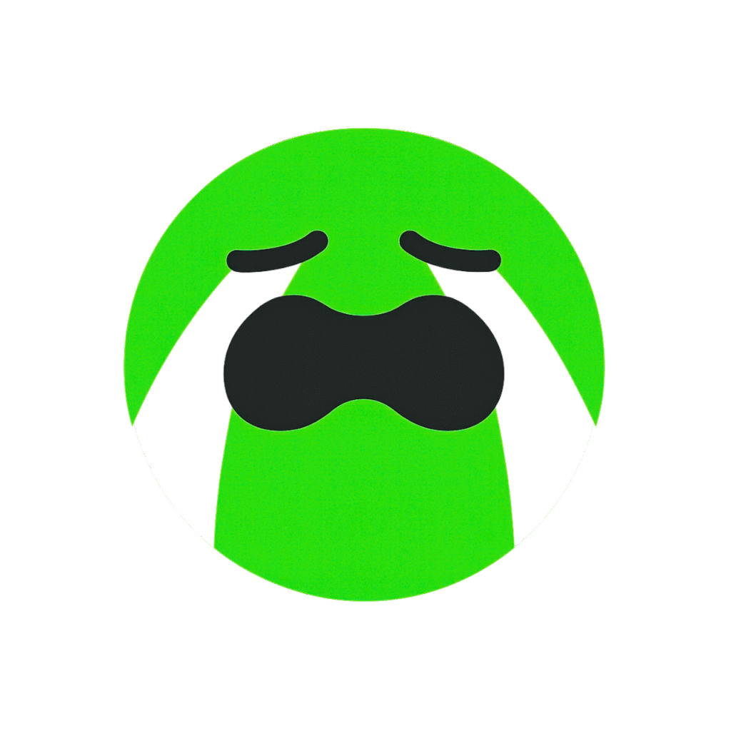 A green crying emoji, symbolizing sadness or distress, often used to express overwhelming emotions in digital communication.