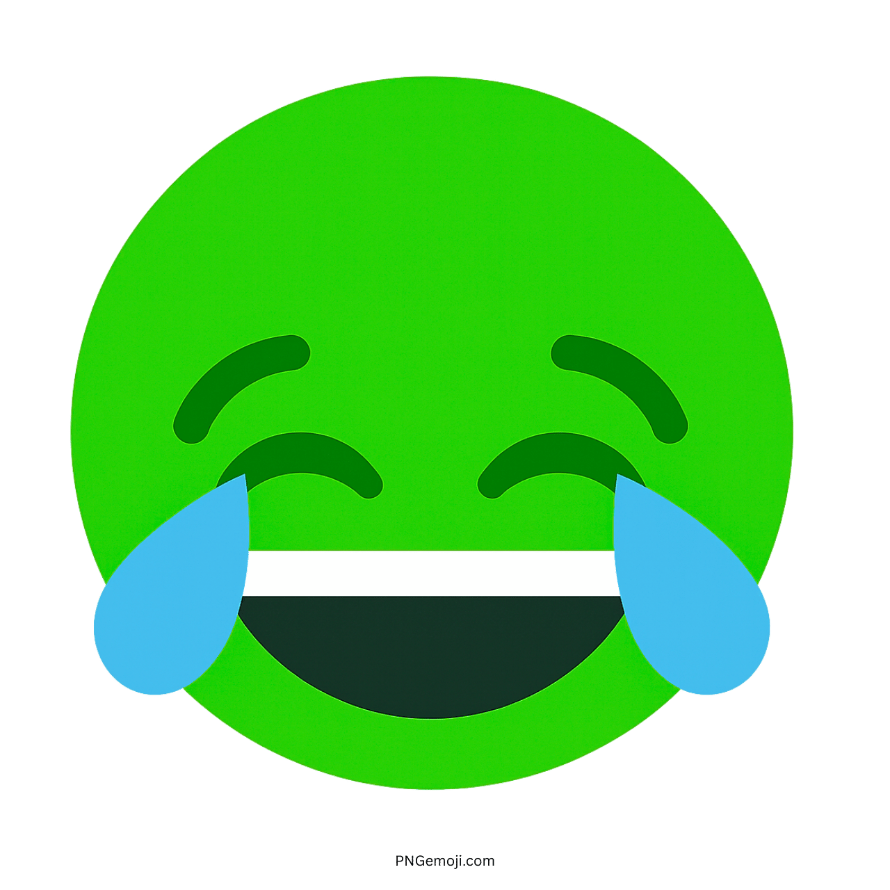 Green laugh with tears emoji PNG face with blue teardrops and transparent background