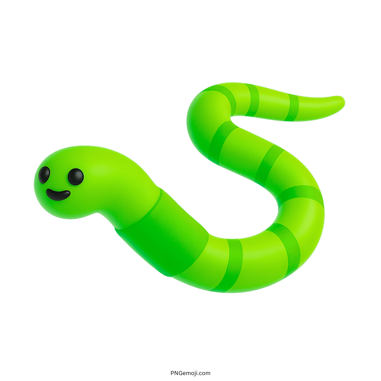 Green smiling worm emoji with dark stripes on green background, cute 3D cartoon design