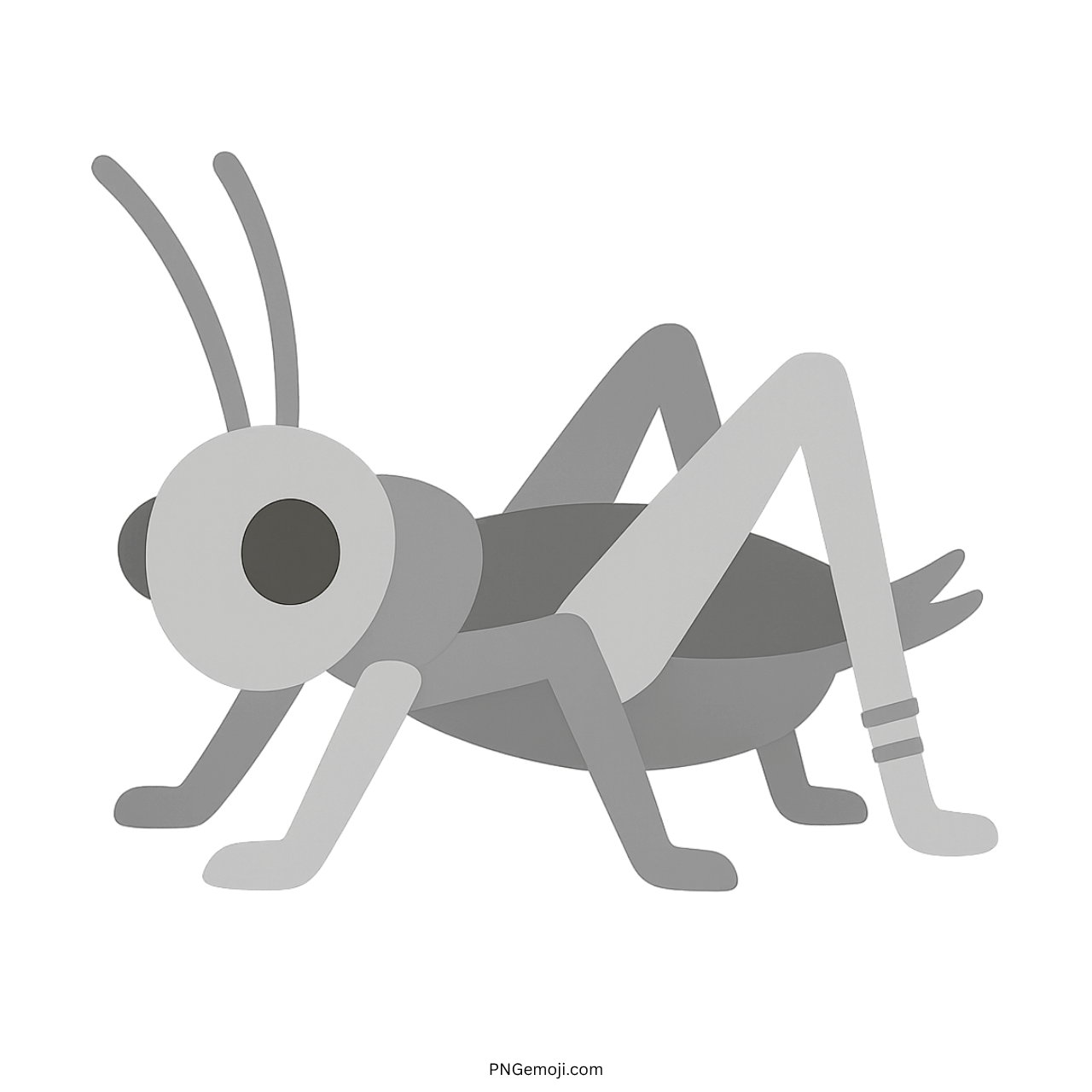 Grey 3D cricket emoji insect clipart with long antennae and bent legs PNG