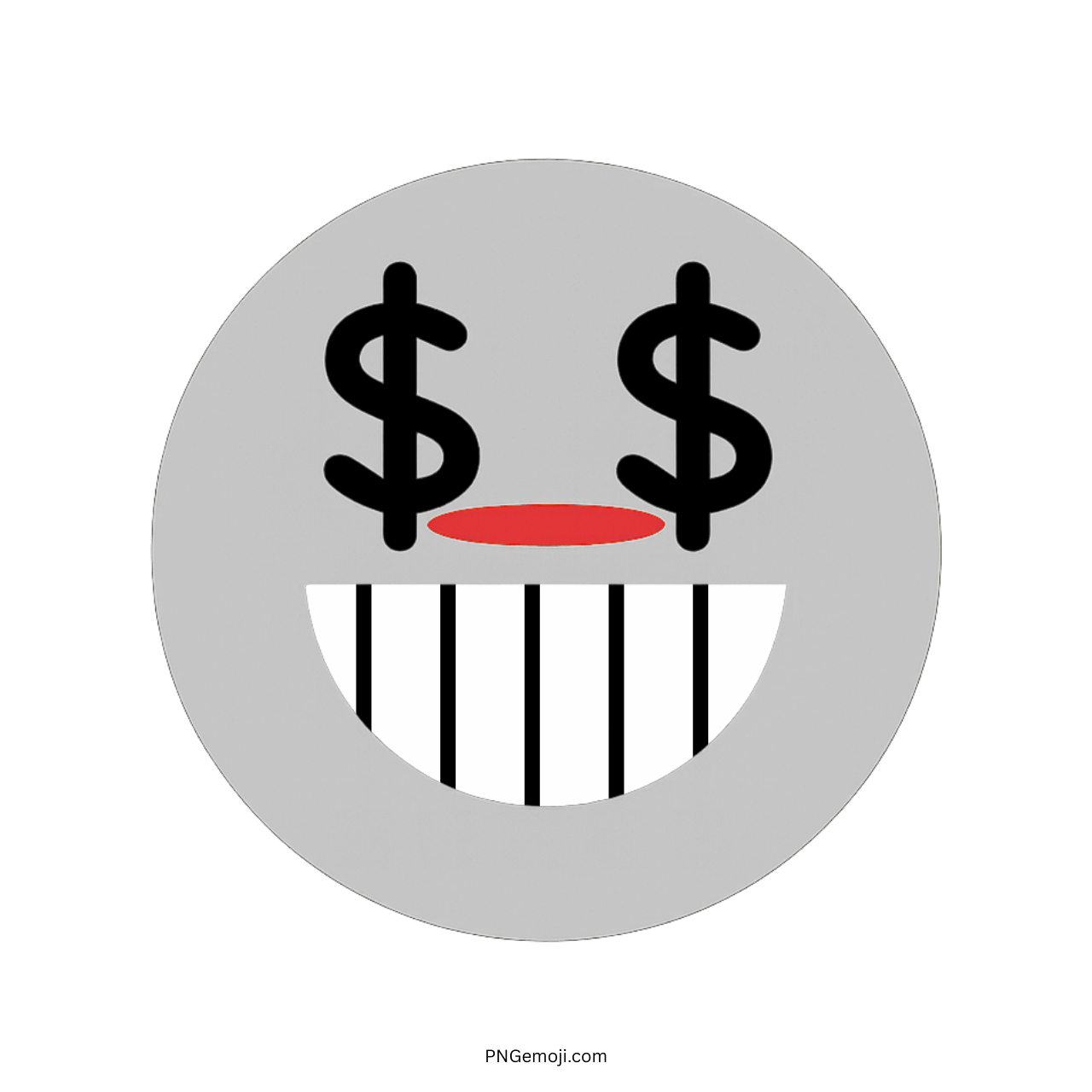 Grey greedy TikTok emoji with dollar sign eyes and wide toothy grin