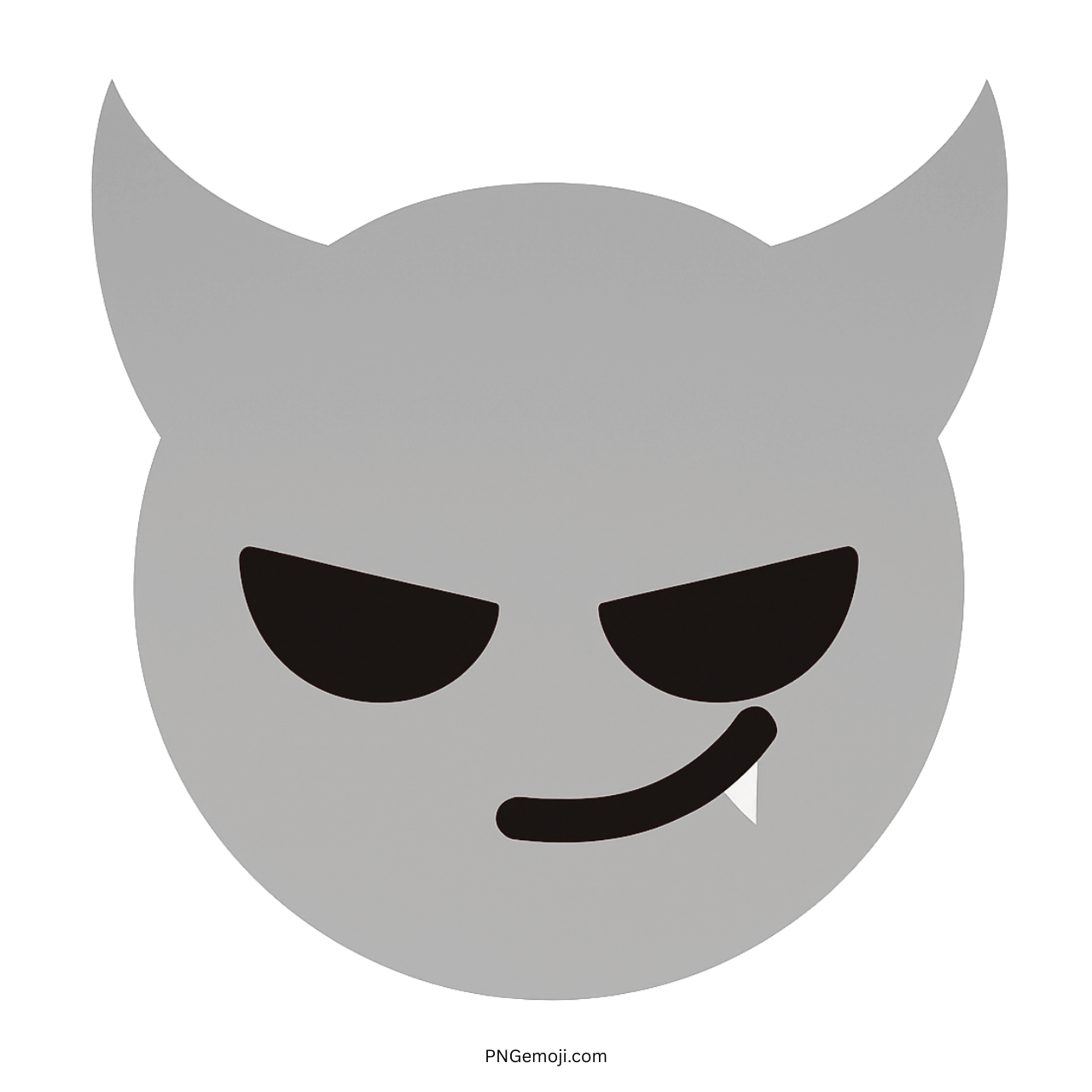 Grey wicked devil Tiktok emoji face with horns, fang, and sly mischievous smile