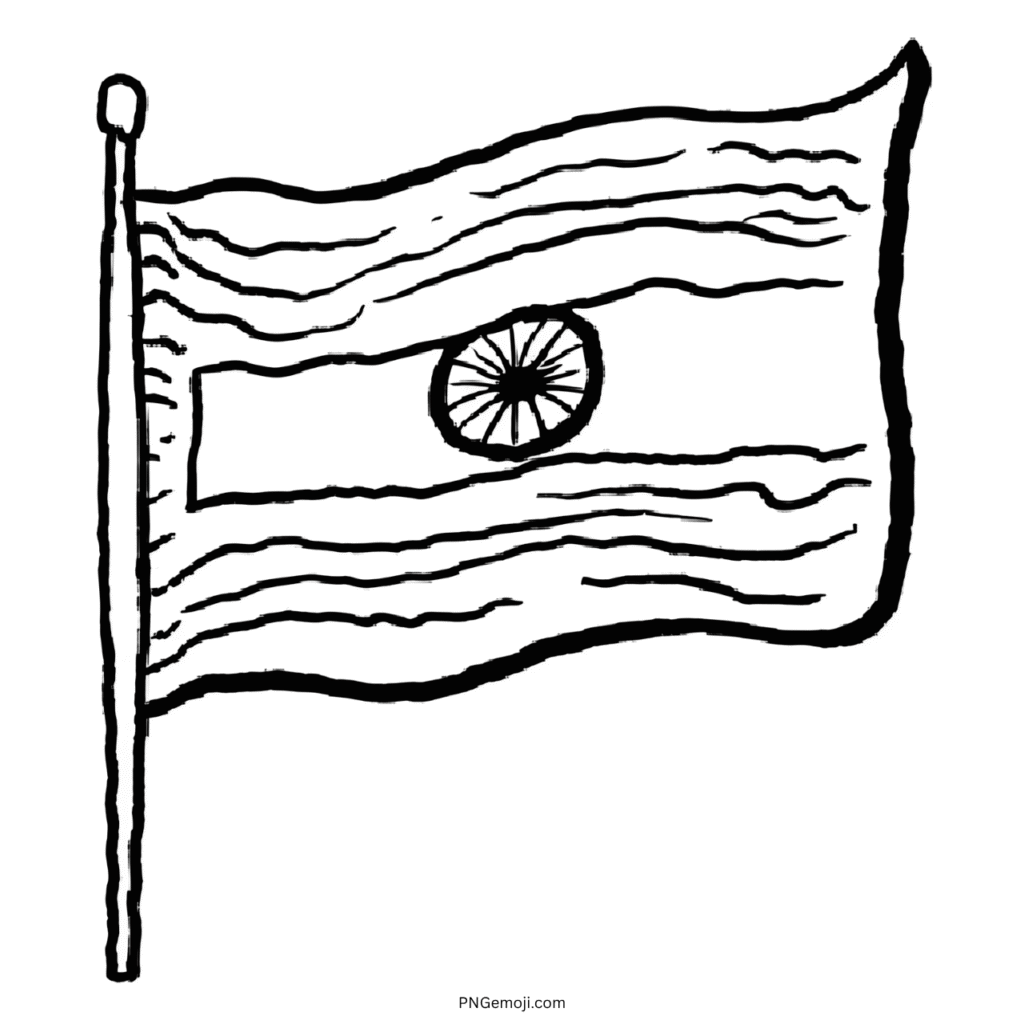 Black outline hand-drawn Indian flag illustration with Ashoka Chakra in center