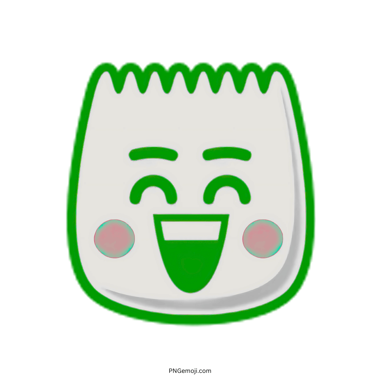 Joyful TikTok Emoji 3D PNG with pink cheeks and green outline, smiling face, transparent background