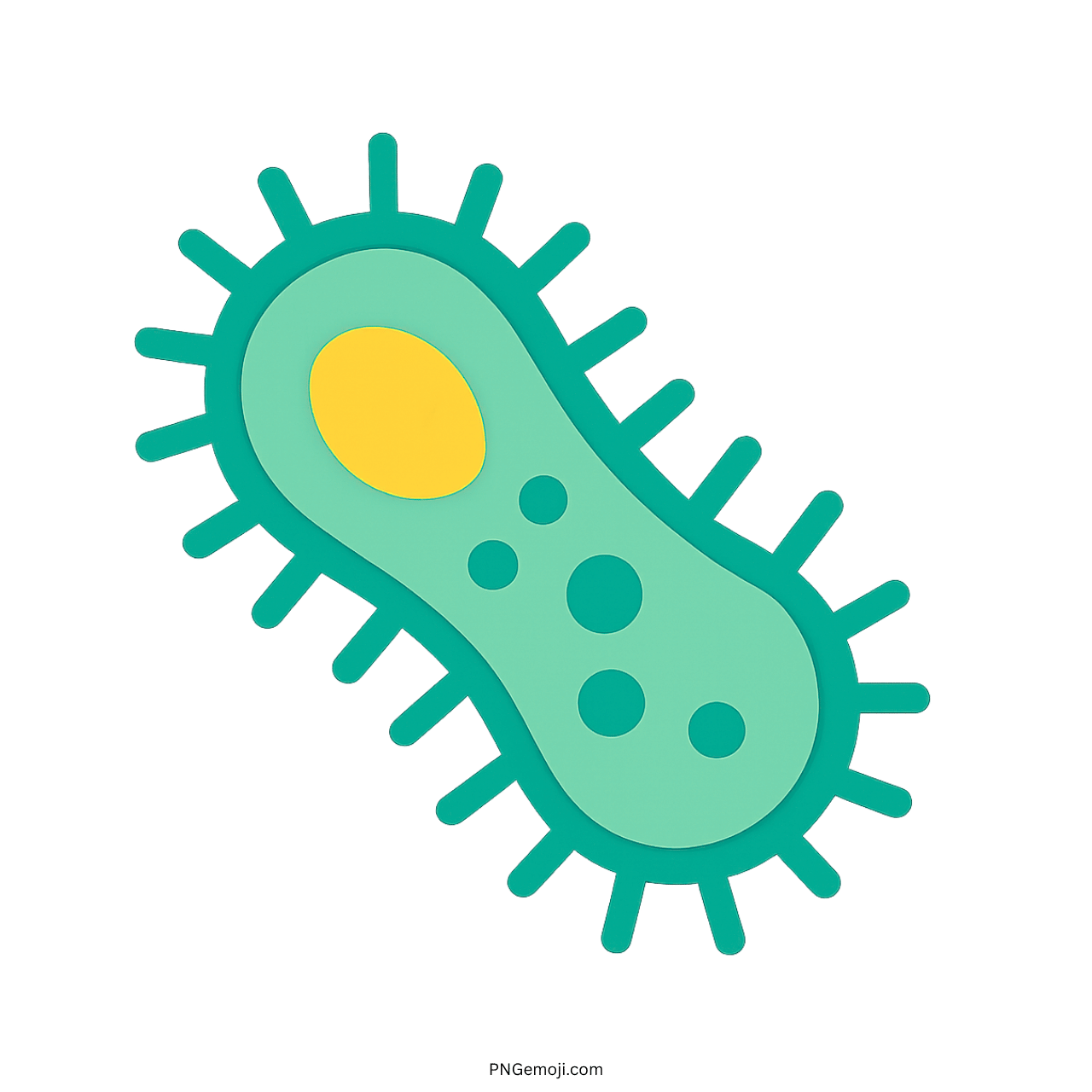 Colorful microbe emoji illustration with green and cyan bacteria design, featuring a yellow nucleus and small dots.