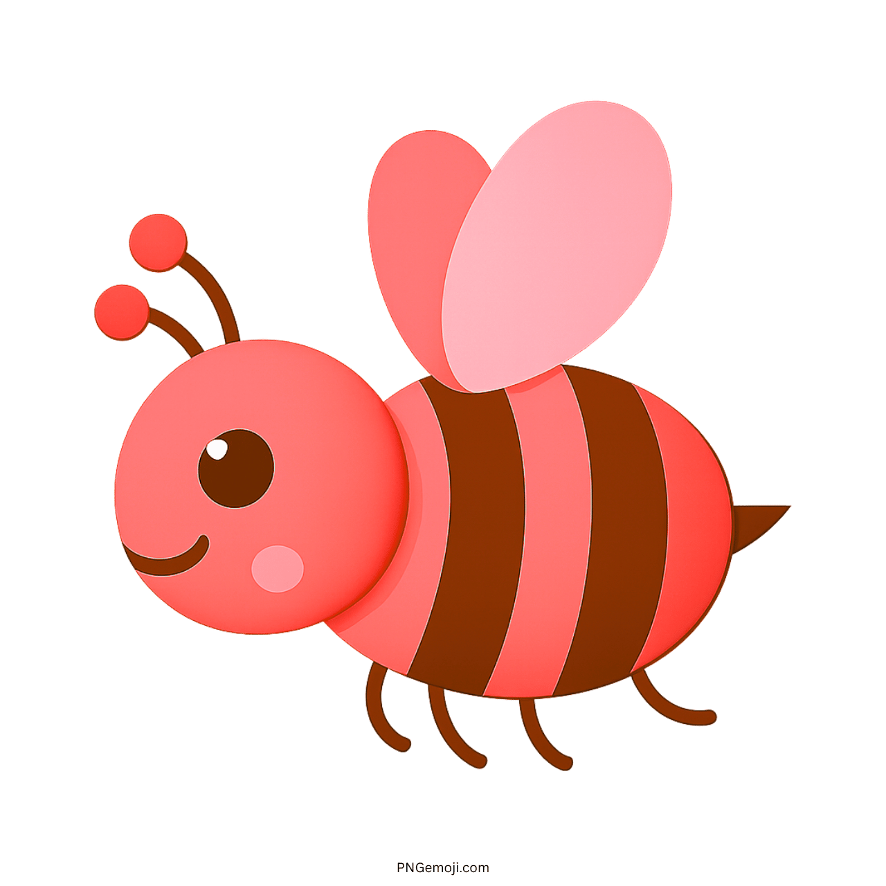 Cute pink and brown bee emoji with wings and stripes, cartoon-style illustration
