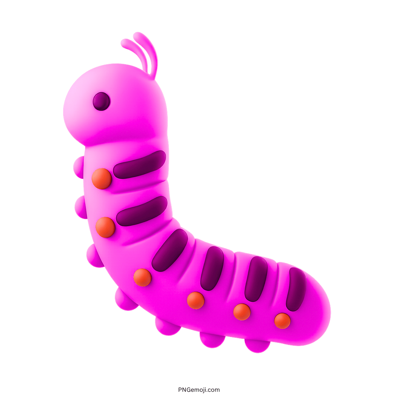 3D pink caterpillar emoji with orange and purple segments and transparent background