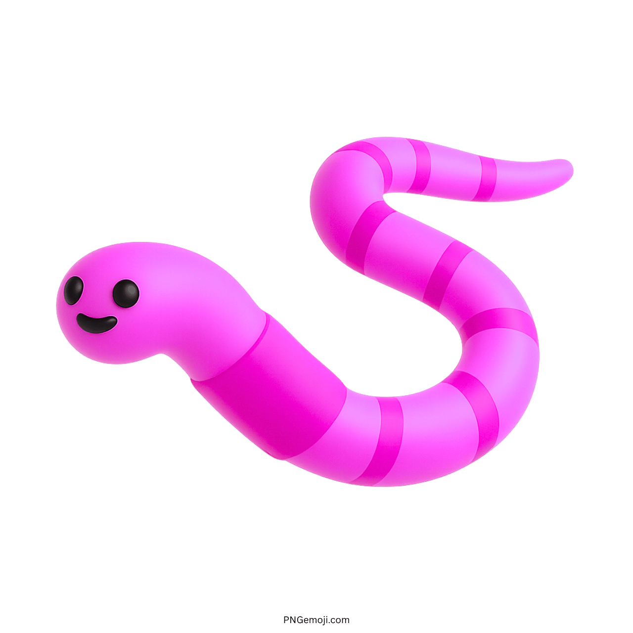 Pink smiling worm emoji with dark stripes on green background, cute 3D cartoon style