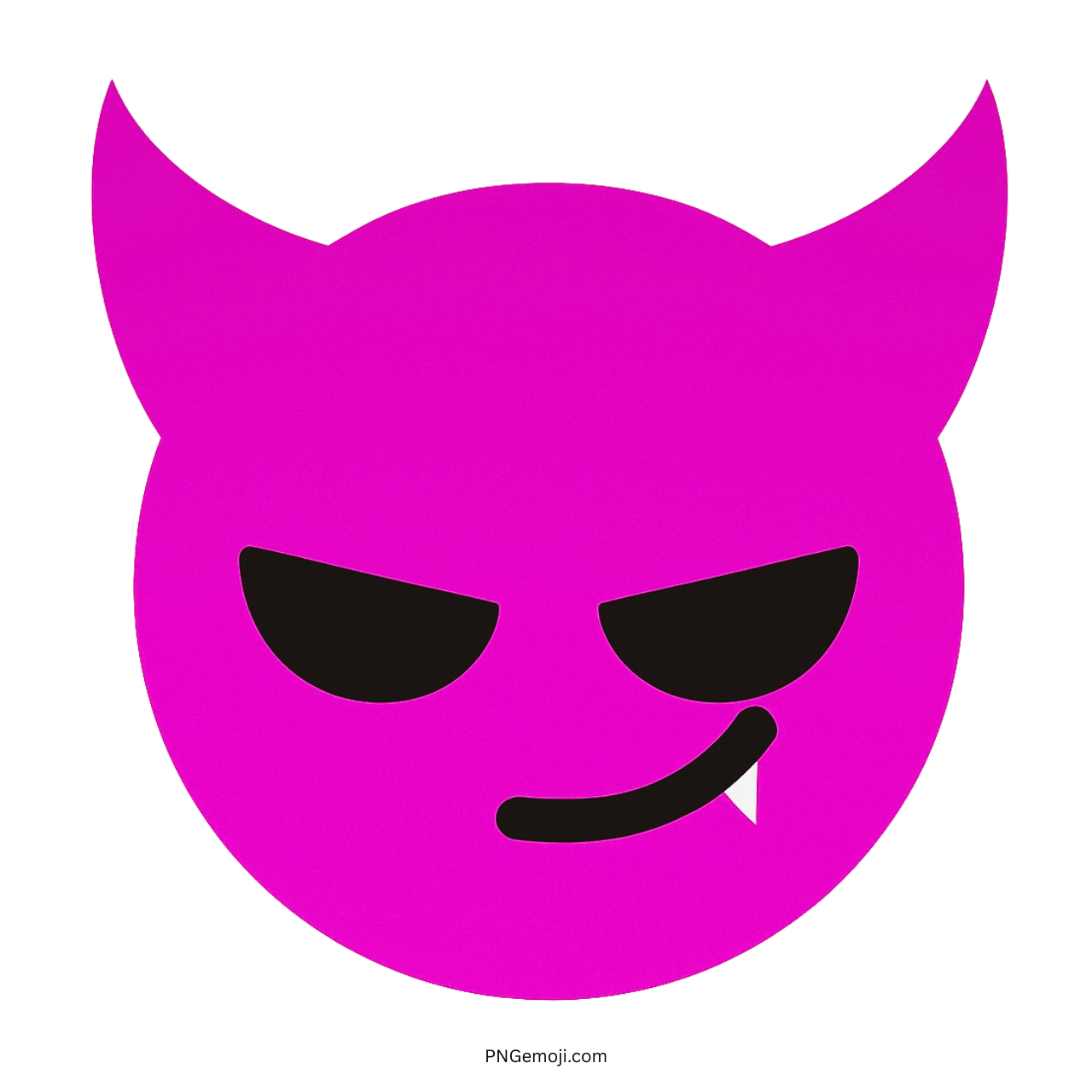 Pink wicked devil Tiktok emoji face with horns, fang, and sly mischievous smile