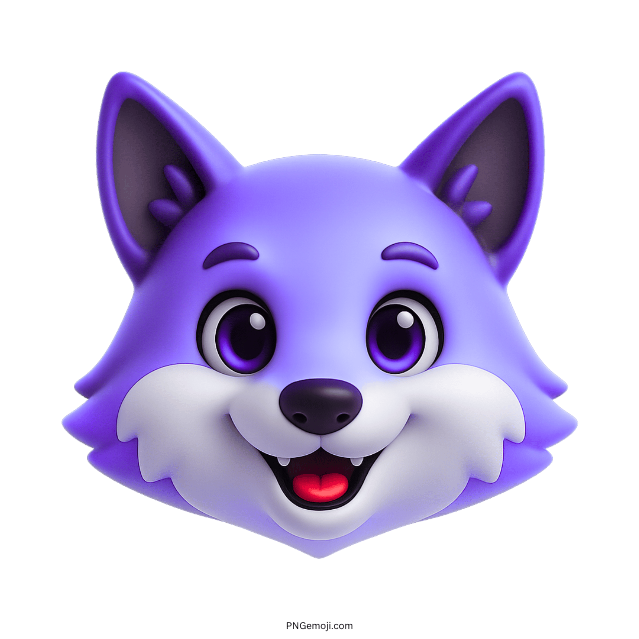 Purple 3D wolf emoji with sweet smile and playful cartoon animal face design