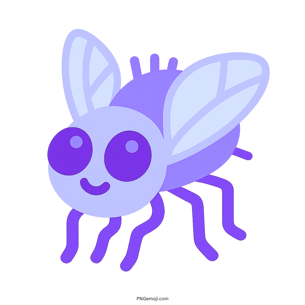 Purple cartoon fly emoji with big eyes and soft wings transparent clipart