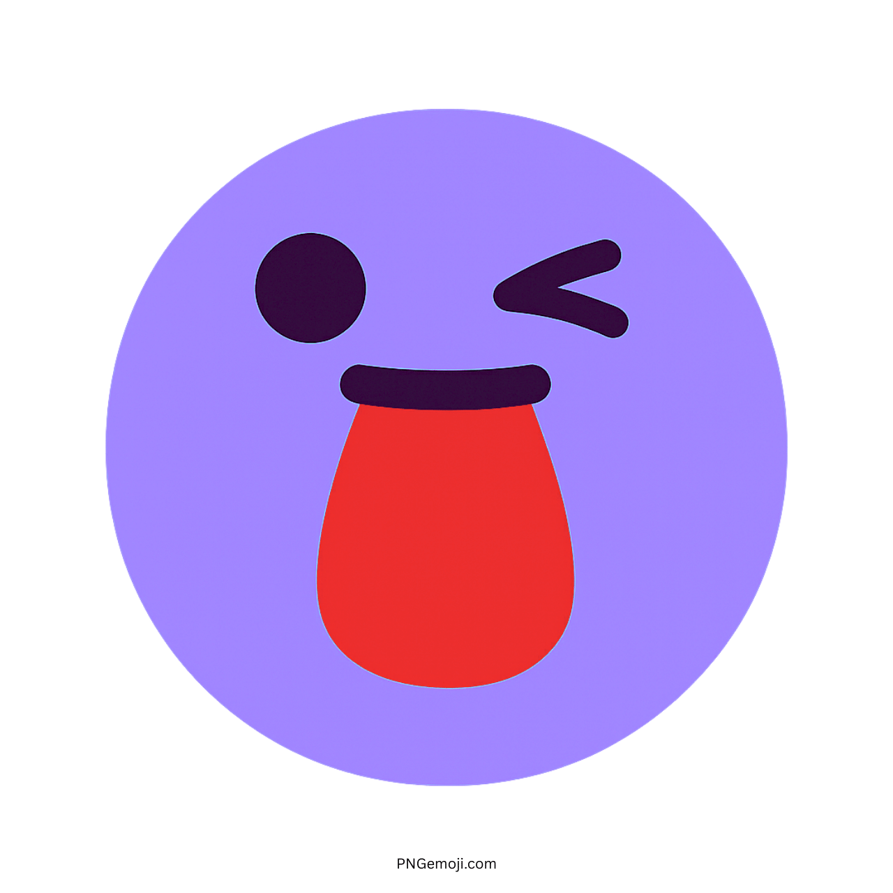 Purple funny face emoji winking with red tongue out in playful cartoon design